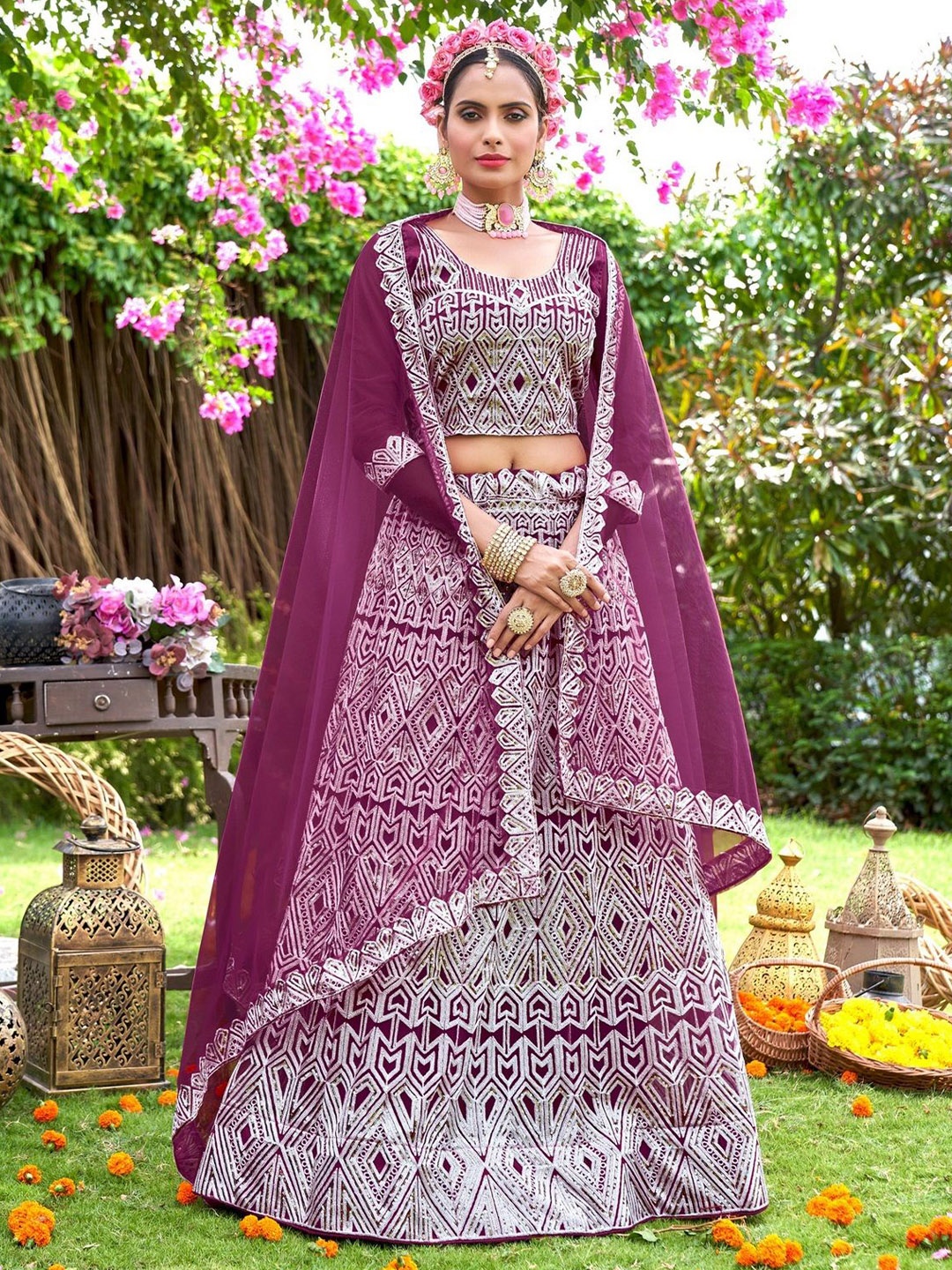 

VARNI FABRICS Embroidered Semi-Stitched Lehenga & Unstitched Blouse With Dupatta, Purple