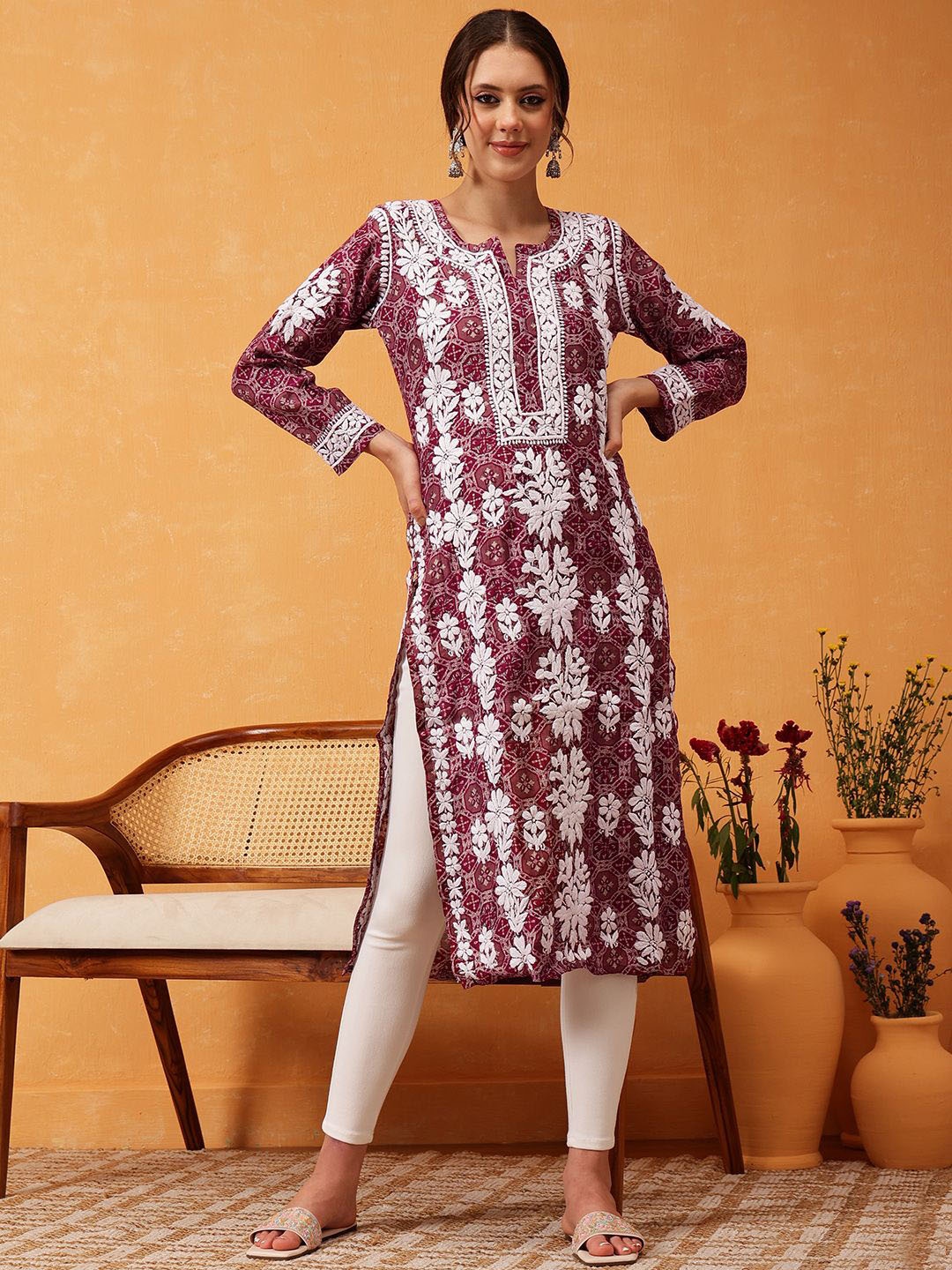 

ADA Women Ethnic Motifs Embroidered Chikankari Chanderi Silk Kurta, Burgundy