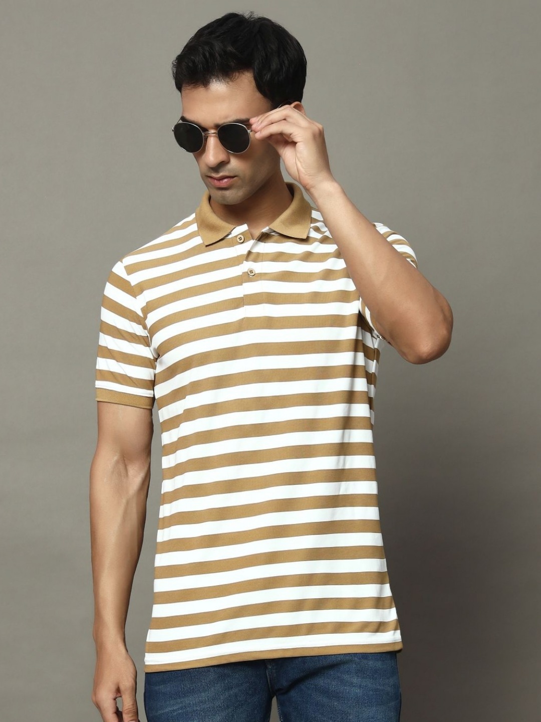 

OGEN Men Striped Polo Collar Pockets T-shirt, Gold