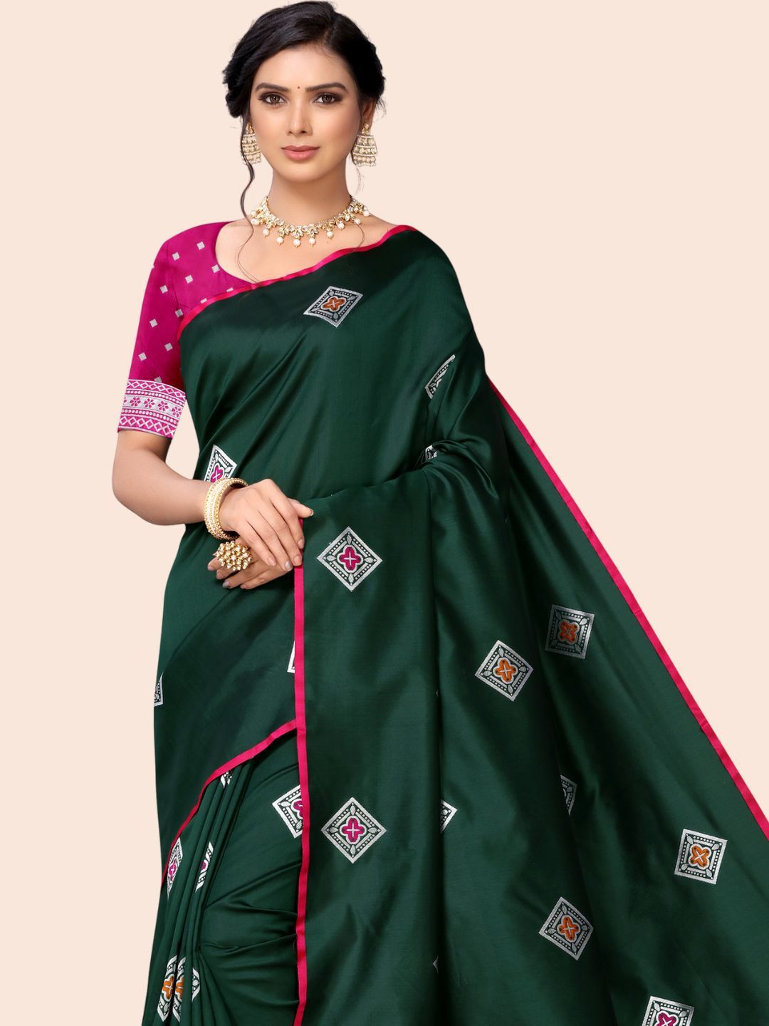 

HERE&NOW Solid Abstract Printed Banarasi Saree, Green