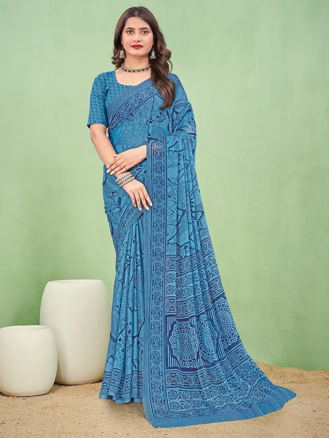 

KALINI Poly Chiffon Saree, Blue