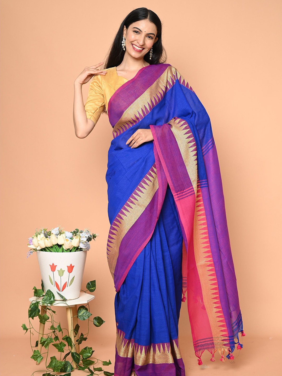 

BEATITUDE Zari Pure Cotton Saree, Blue