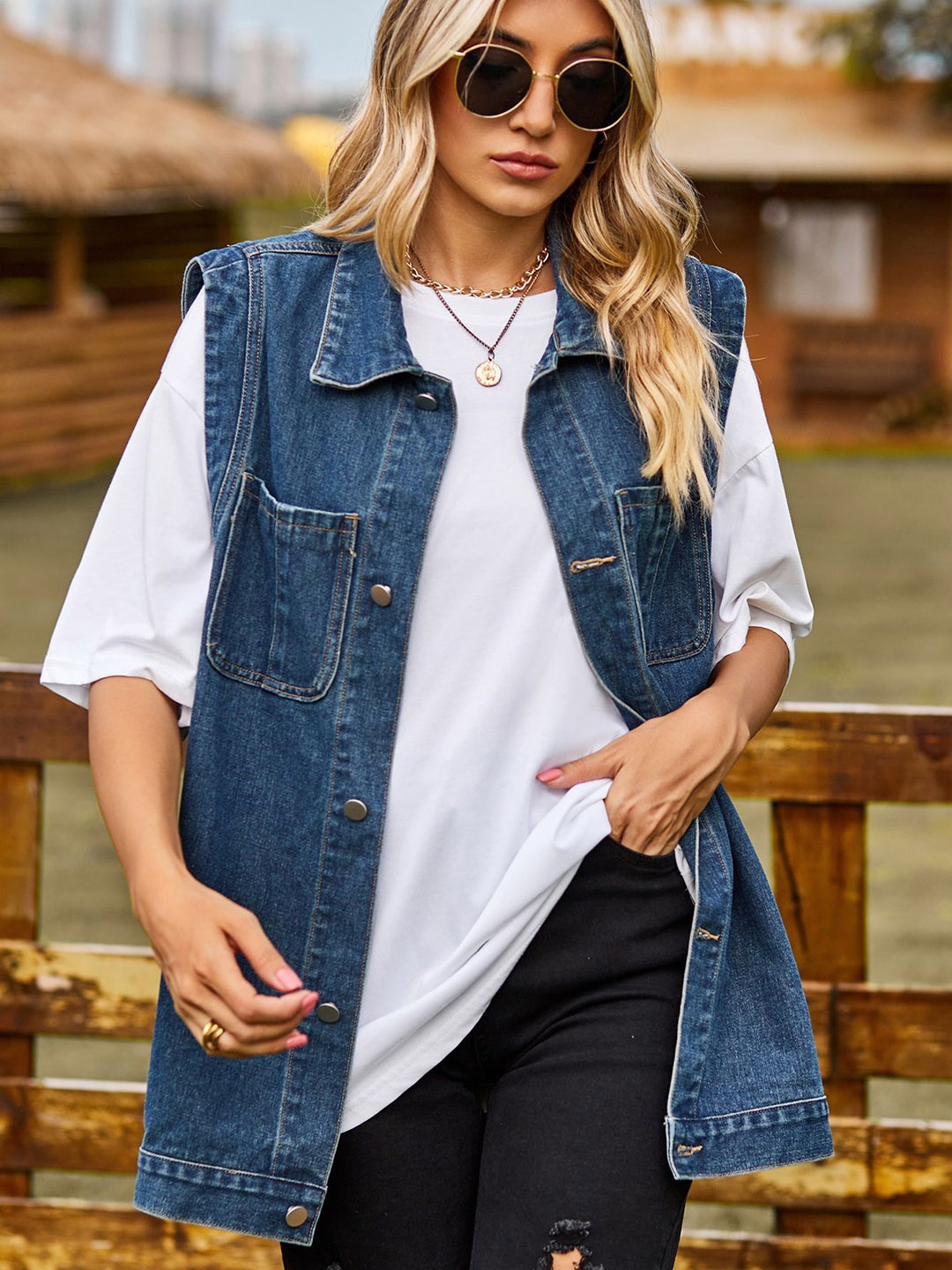 

StyleCast Women Longline Tailored Jacket with Patchwork, Blue