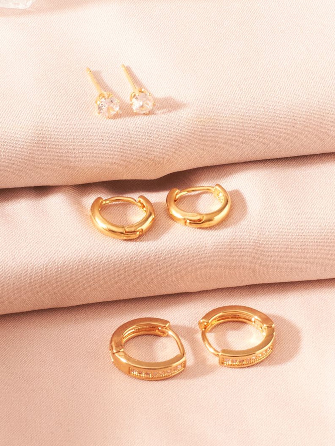 

SALTY Minimal Set of 3 Gold-Plated Stone Studded Hoop & Studs Earrings