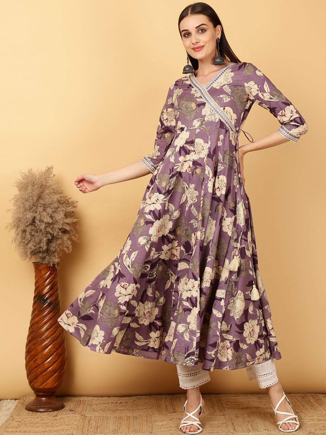 

KIMAYRA Floral Printed V-Neck Cotton Angrakha Anarkali Kurta, Purple