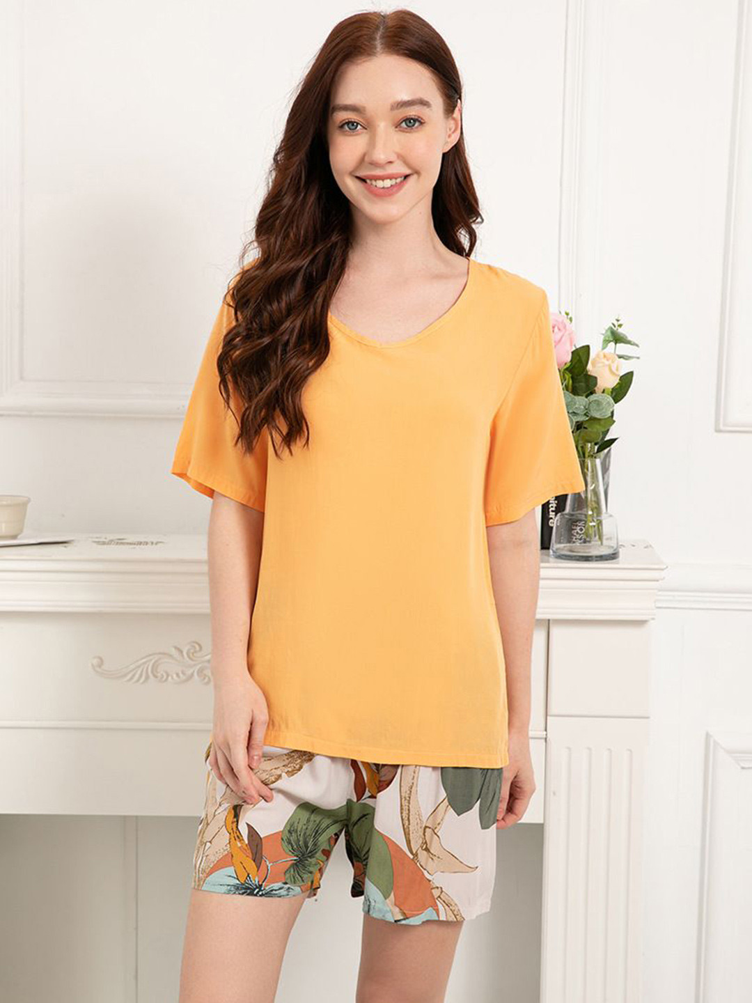 

StyleCast Floral Printed Tshirt With Shorts Night Suits, Orange