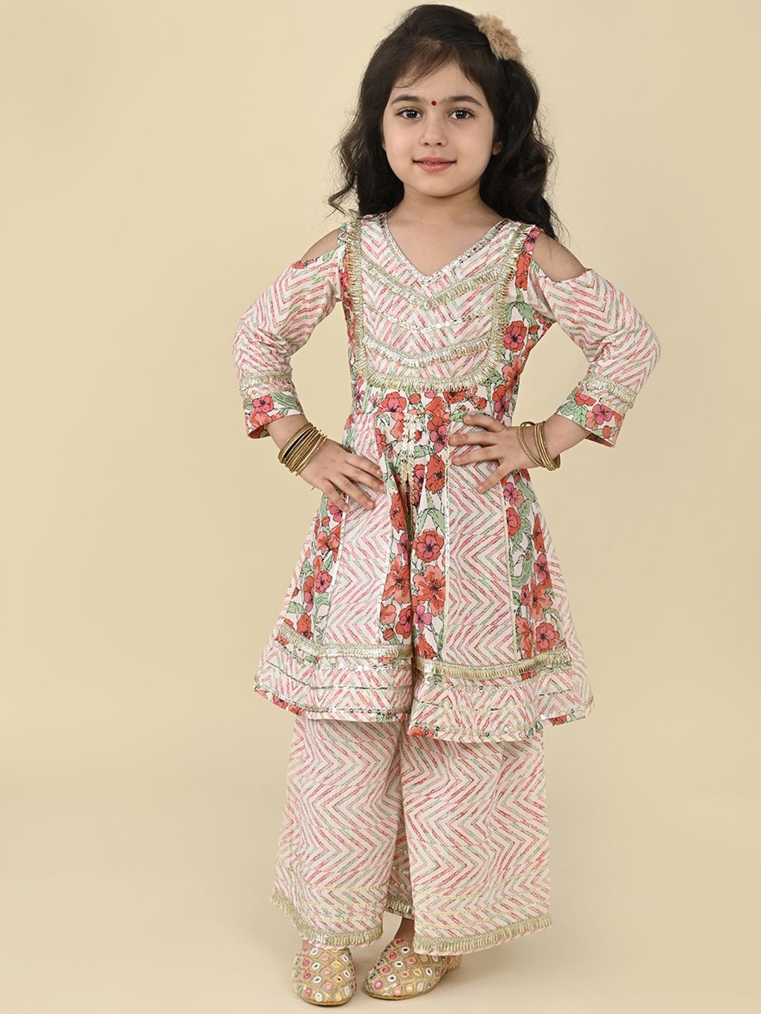 

LIL PITAARA Girls Floral Printed Pleated Gotta Patti Pure Cotton Kurti with Sharara, Cream