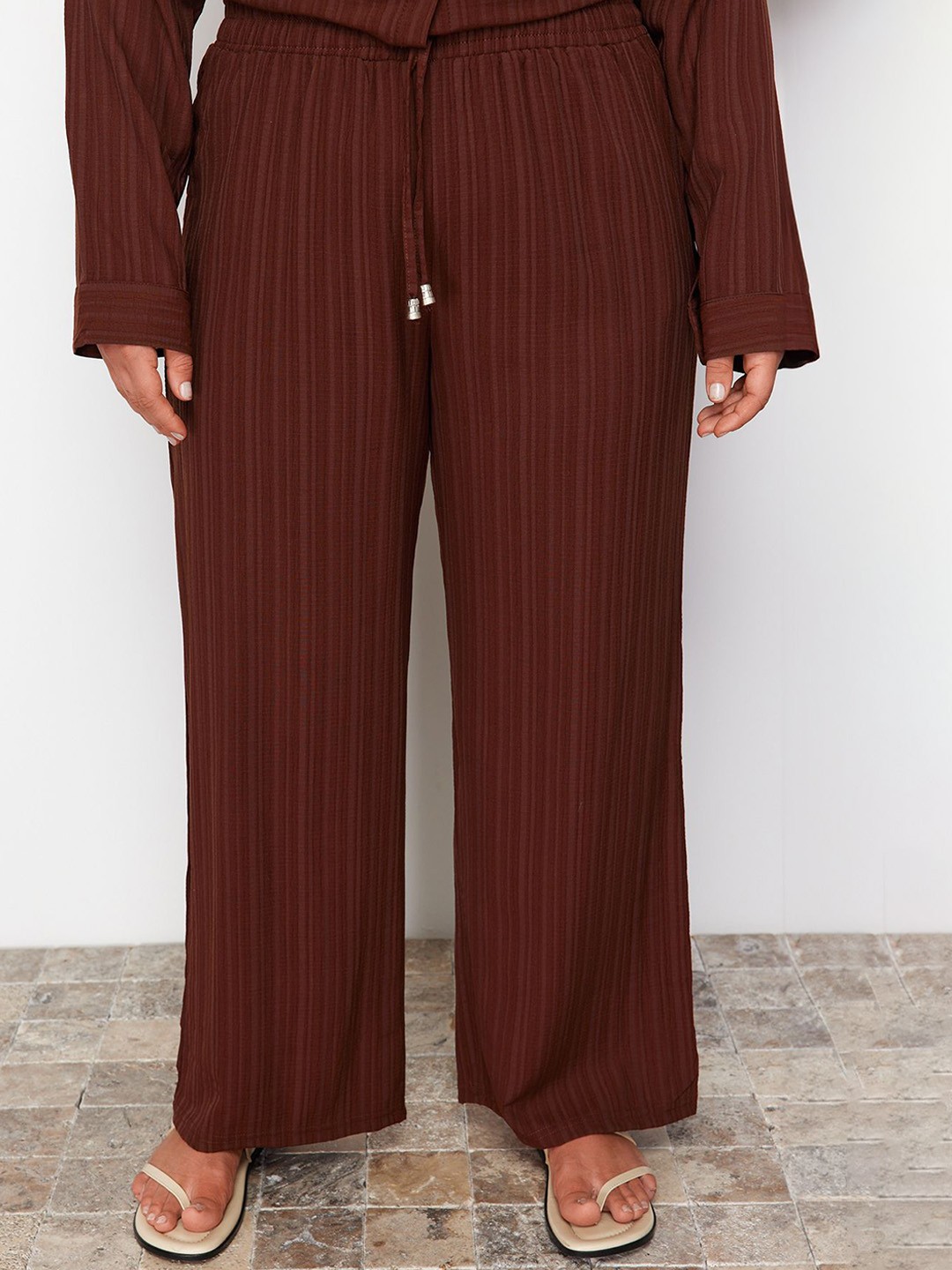 

Trendyol Plus Size Striped Shirt With Trousers, Brown