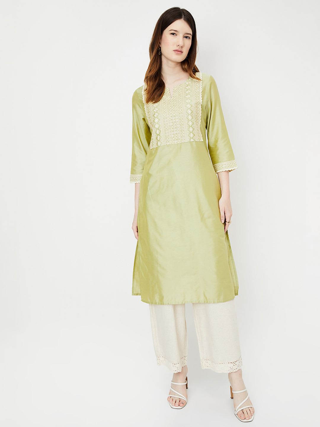 

max Geometric Embroidered Round Neck Thread Work Straight Kurta, Green