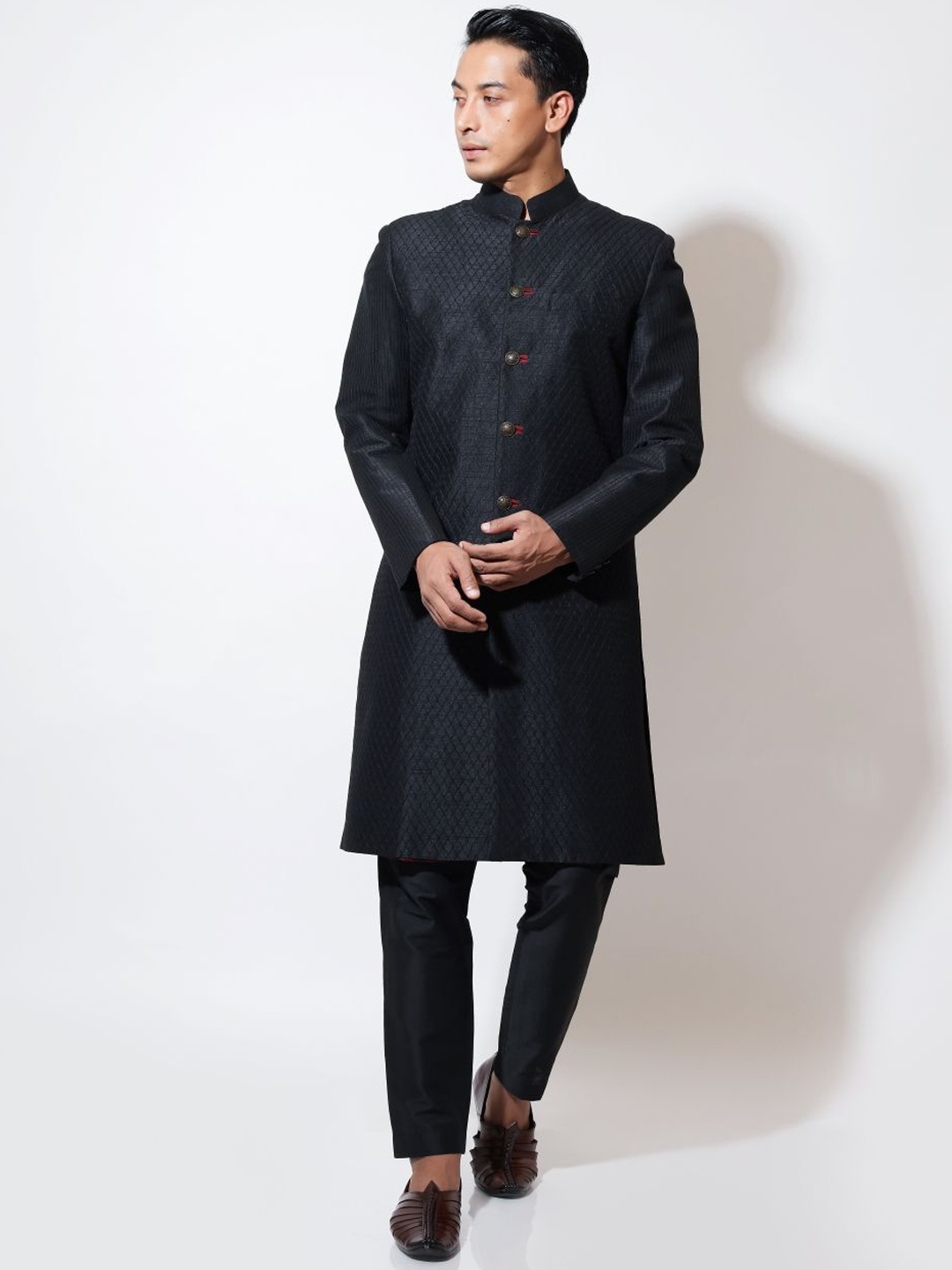 

VIVEK KARUNAKARAN Embroidered Long Sleeve Sherwani Set, Black