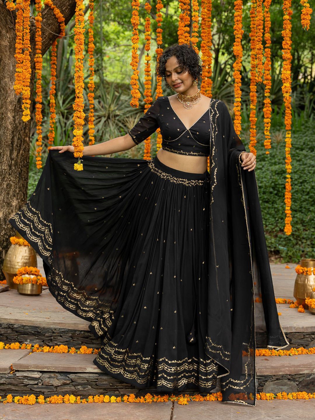 

Suta Printed Gotta Patti Pure Cotton Semi-Stitched Lehenga & Unstitched Choli With Dupatta, Black