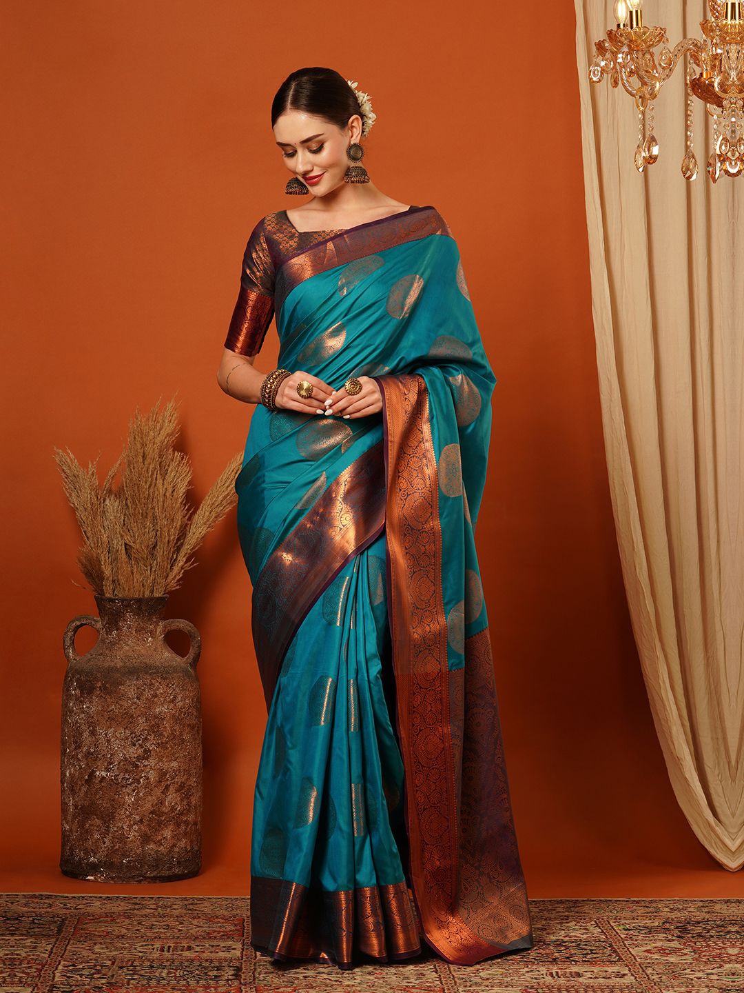 

KALINI Woven Design Zari Pure Silk Banarasi Saree, Turquoise blue