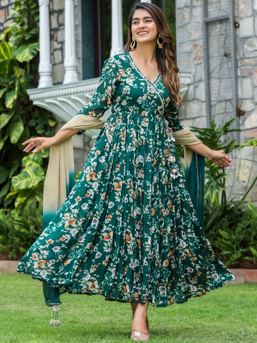 

SHOOLIN Floral Printed Sequinned Fit & Flare Maxi Ethnic Dress With Dupatta, Green