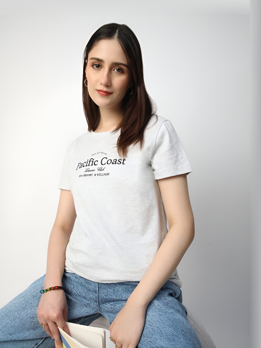 

R&B Women Typography Printed Round Neck Cotton T-Shirt, Grey