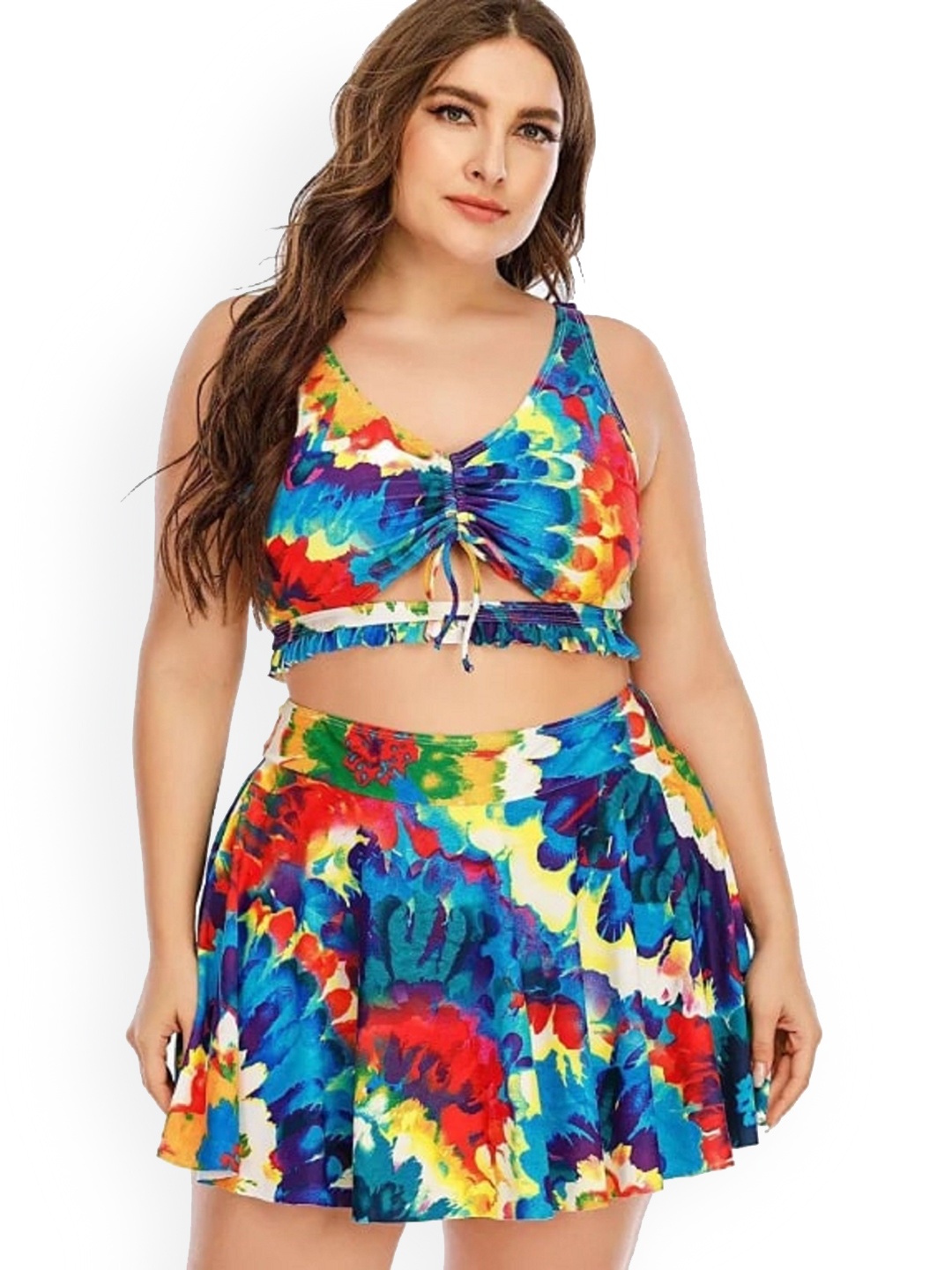 

Plus Curvves 2-Piece Floral Printed Swim Set, Blue