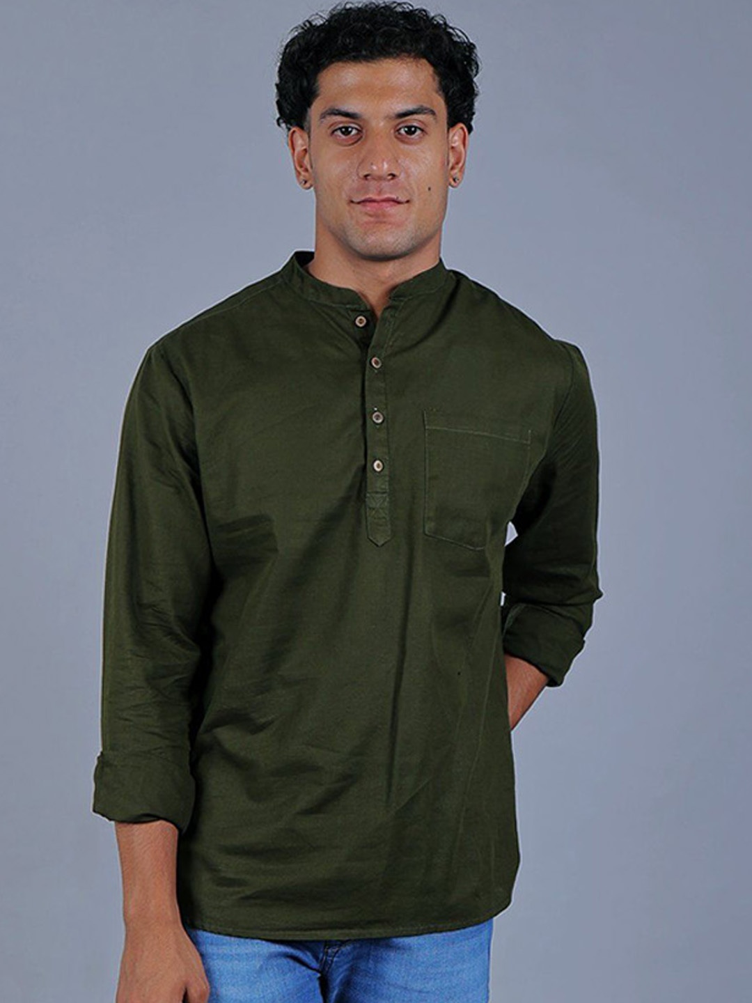 

BLUEBIRD Mandarin Collar Pure Cotton Kurta, Green