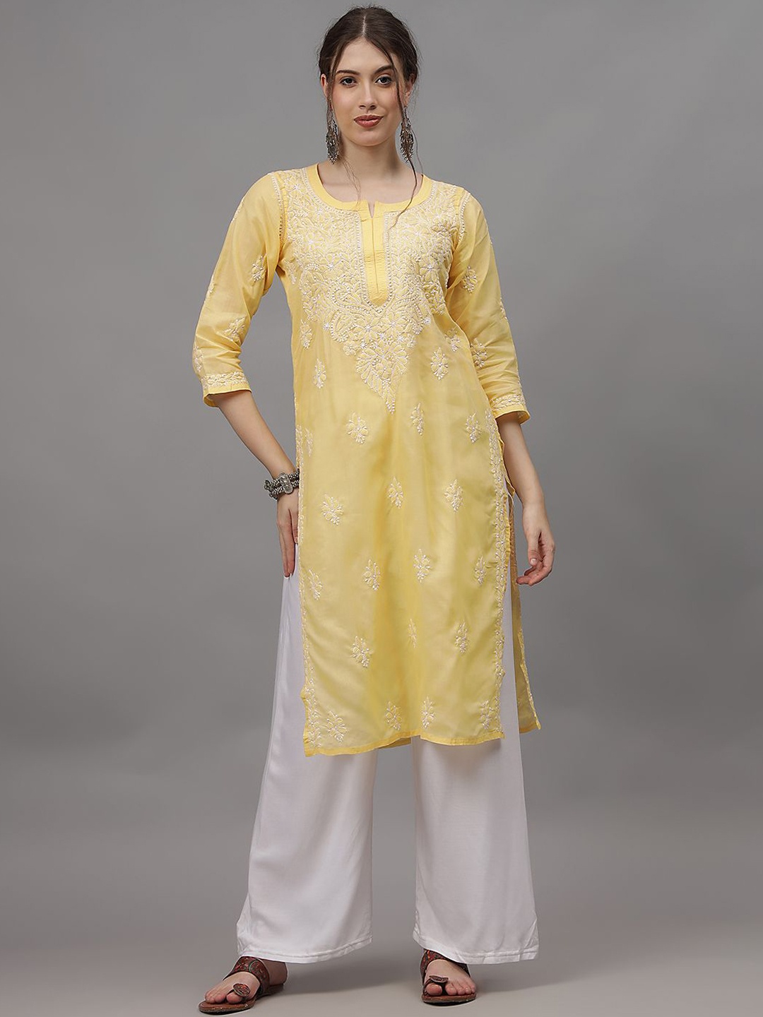 

Seva Chikan Floral Embroidered Chikankari Notch Neck Cotton Straight Kurta, Beige