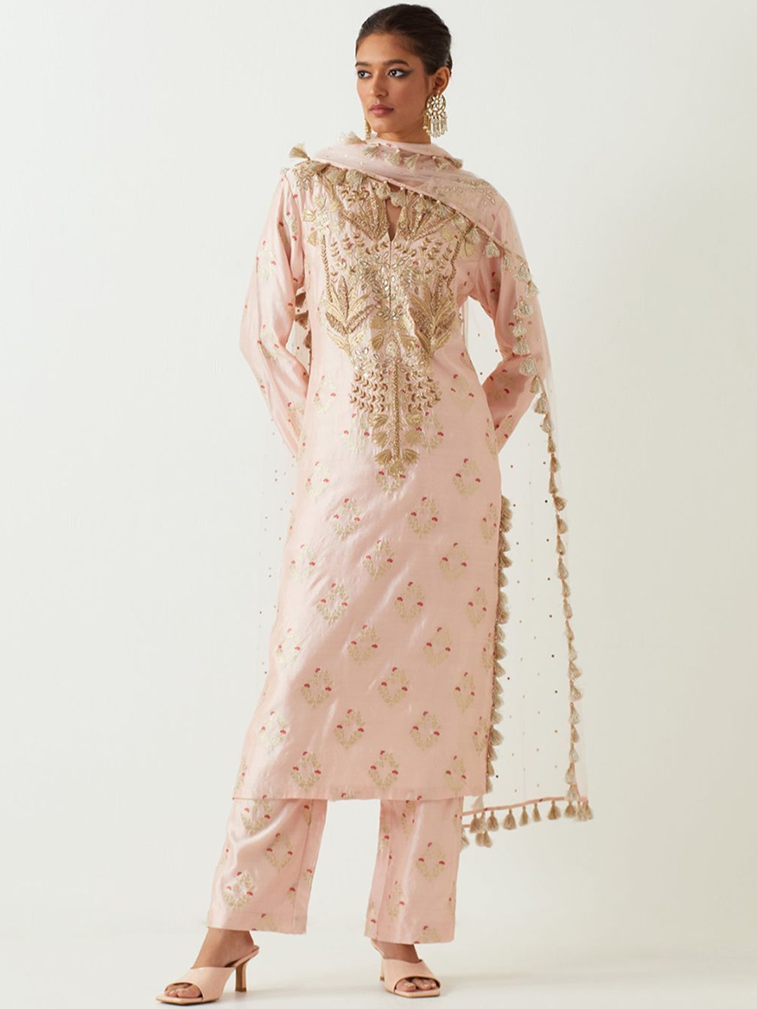 

Payal Singhal Floral Woven Design Thread Work Straight Kurta with Palazzos & Dupatta, Pink