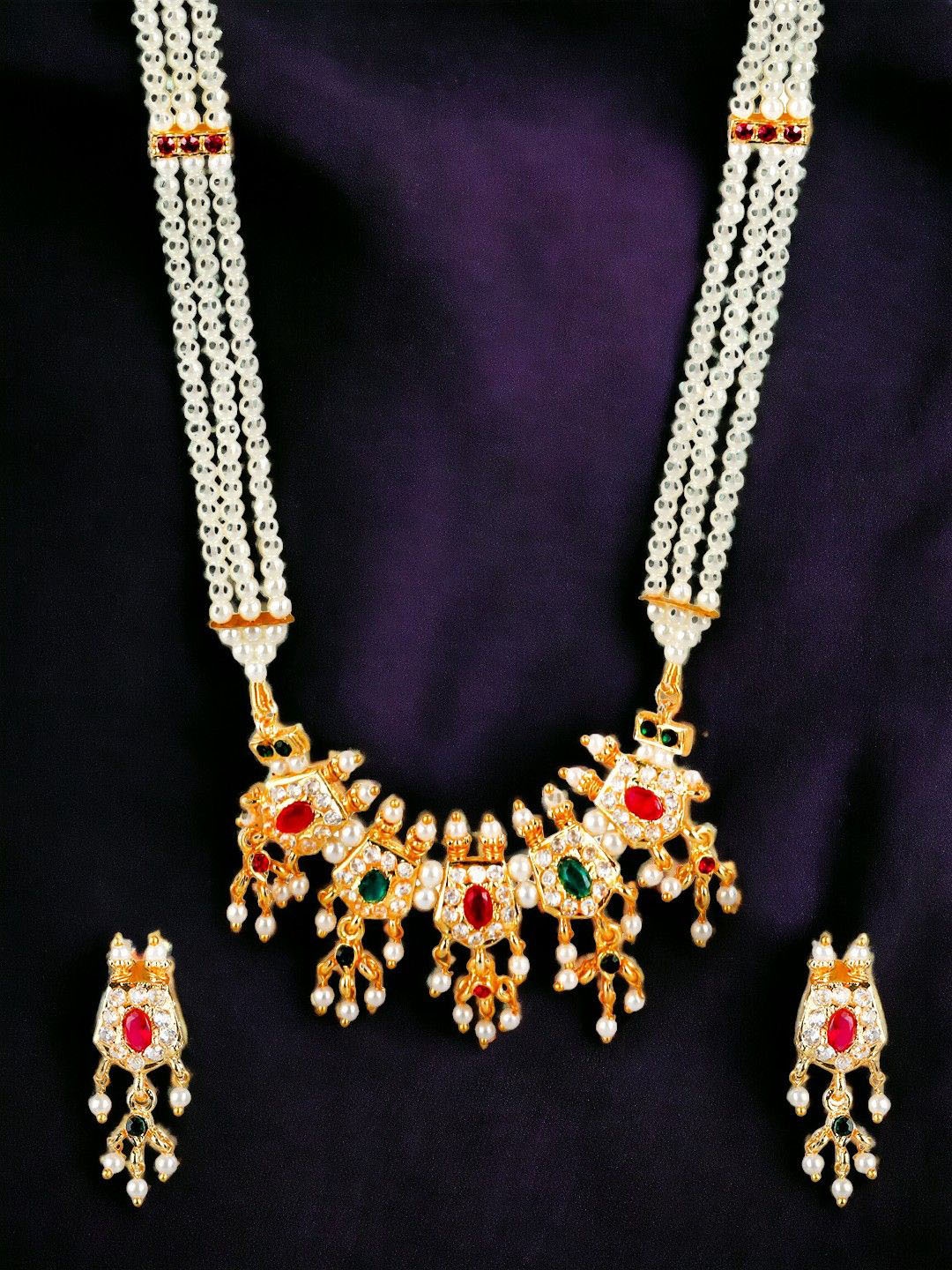 

9blings Gold-Plated Triple Layered Beaded & Stone Studded Jewellery Set