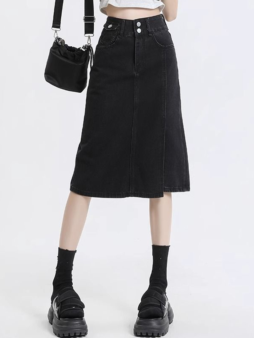

StyleCast Solid Pure Cotton A-Line Knee-Length Skirts, Black