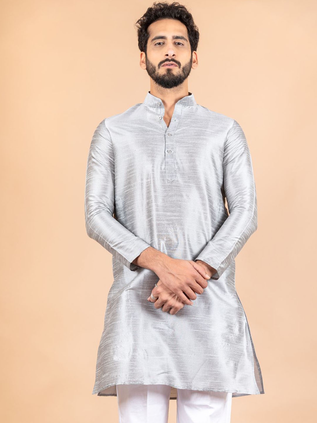 

Tistabene Woven Design Mandarin Collar Straight Kurta, Grey