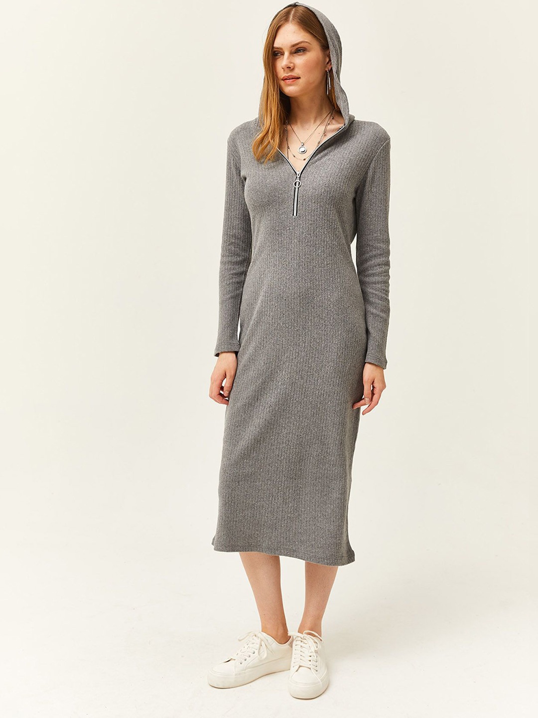 

Olalook Cotton Hooded Neck Midi Dress, Grey