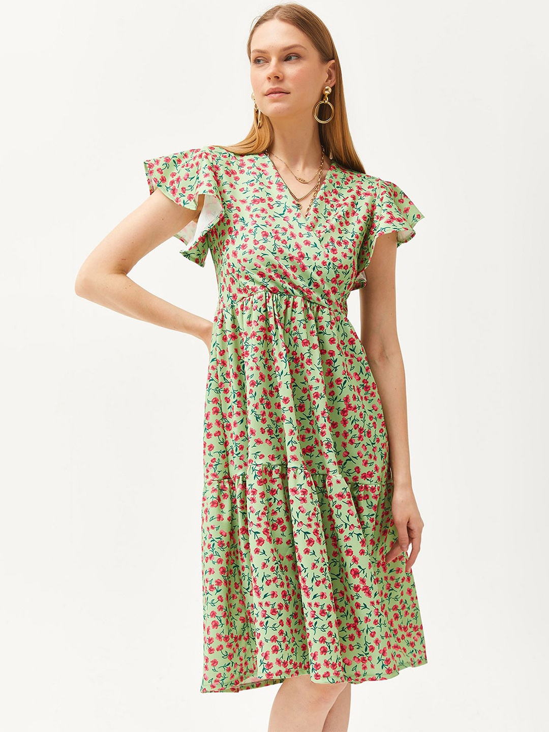 

Olalook Floral Printed Flutter Sleeve Fit and Flare Dress, Green