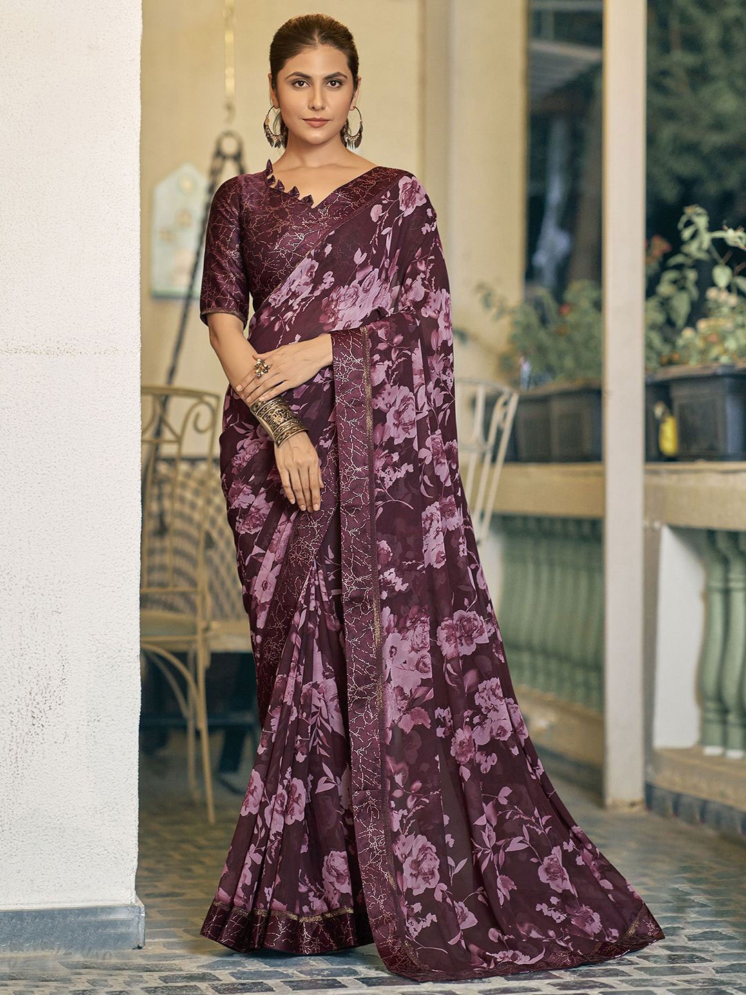 

Satrani Floral Pure Georgette Muga Saree, Purple