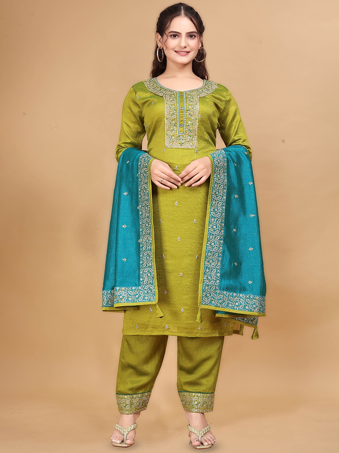 

Divyadham Textiles Floral Embroidered Straight Kurta With Salwar & Dupatta, Olive