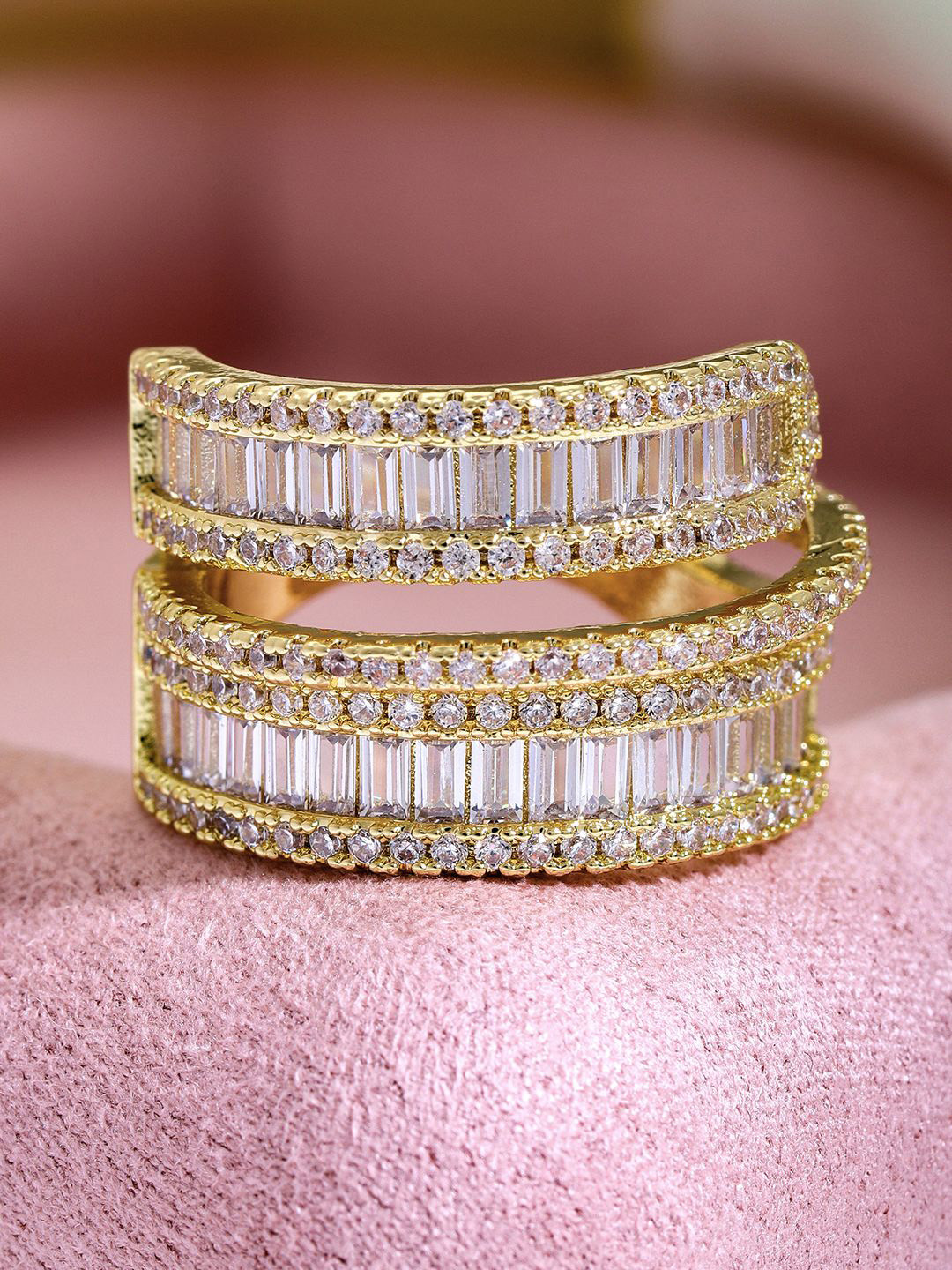 

Rubans 18K Gold Plated Baguette & Round Cubic Zirconia Studded Adjustable Finger Ring