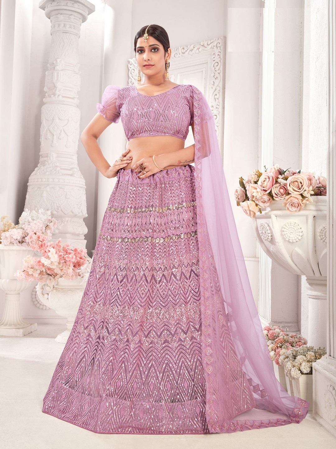 

VARNI FABRICS Embroidered Beads and Stones Semi-Stitched Lehenga & Unstitched Blouse With Dupatta, Lavender