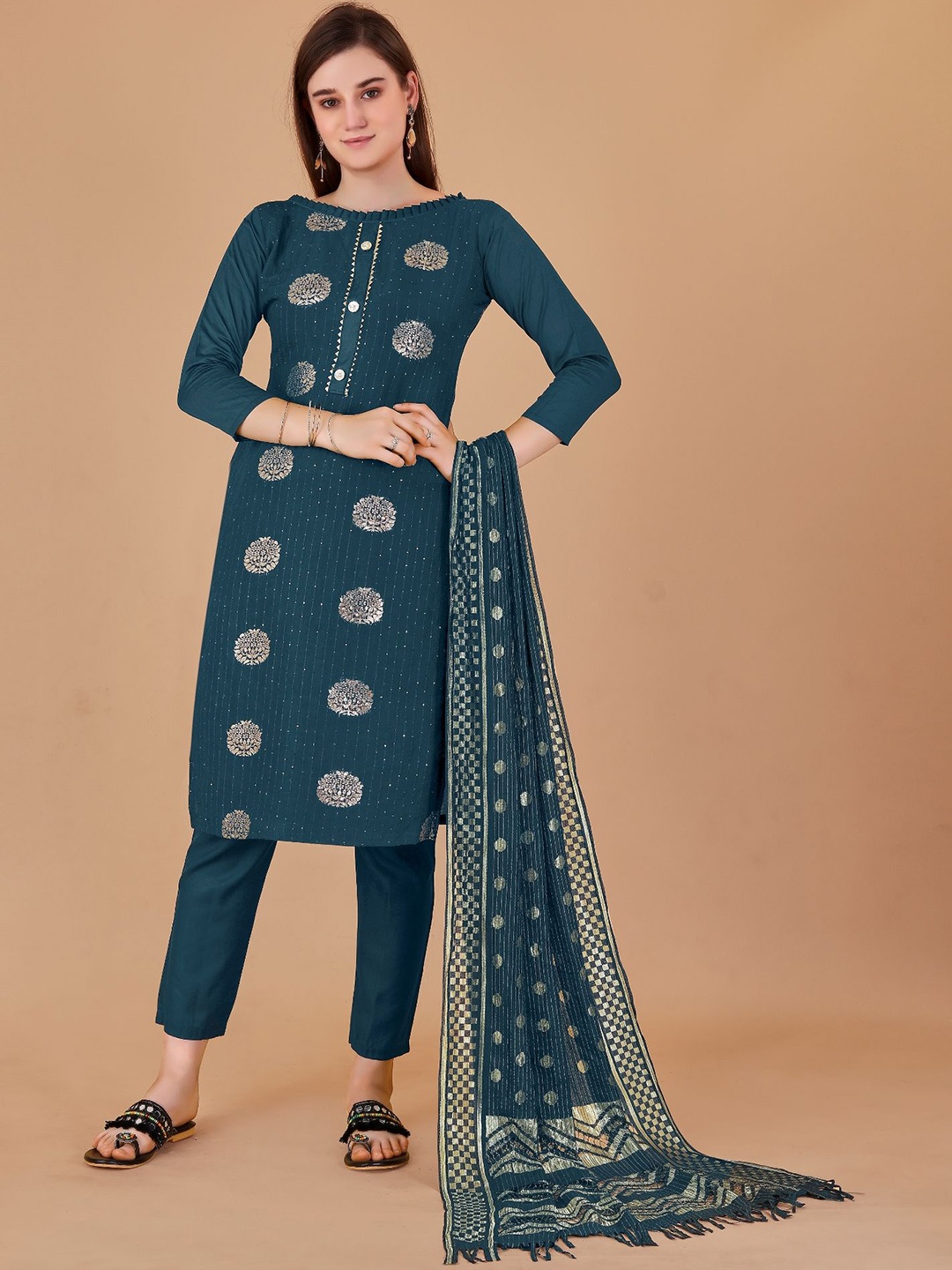 

Aika Ethnic Motifs Embroidered Sequinned Unstitched Dress Material, Green