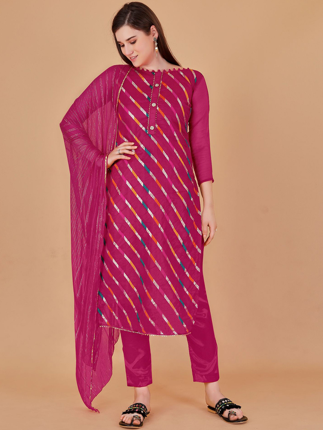 

Aika Striped Woven Design Zari Unstitched Dress Material, Pink