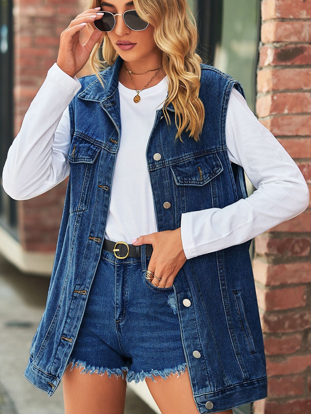 

StyleCast Women Longline Denim Jacket with Patchwork, Blue