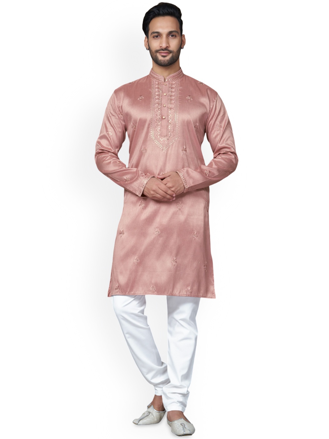 

BERISTON Floral Embroidered Sequinned Chanderi Silk Straight Kurta with Pyjamas, Pink