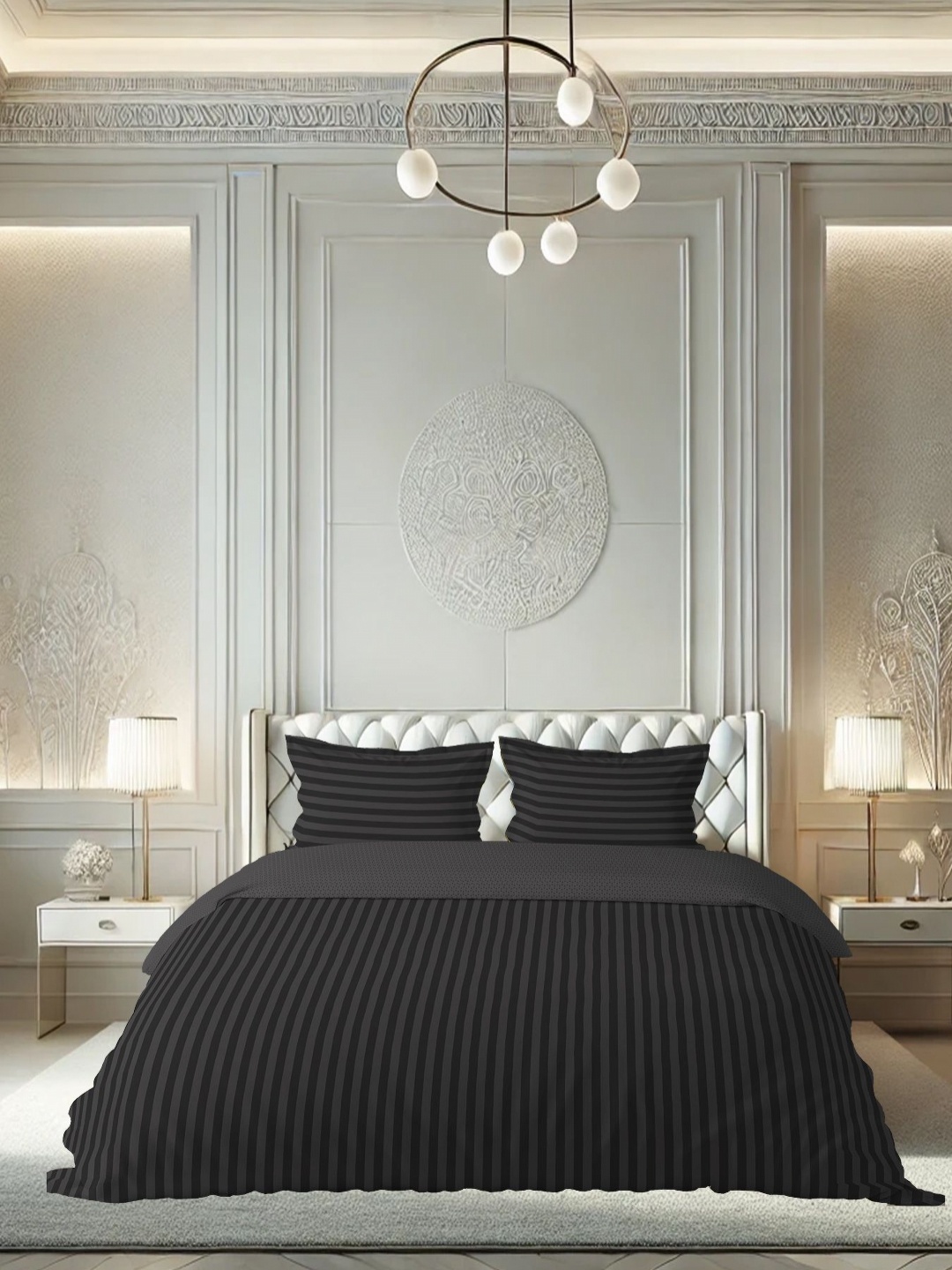 

borato Black Striped 210 TC King Bedsheet with 2 Pillow Covers