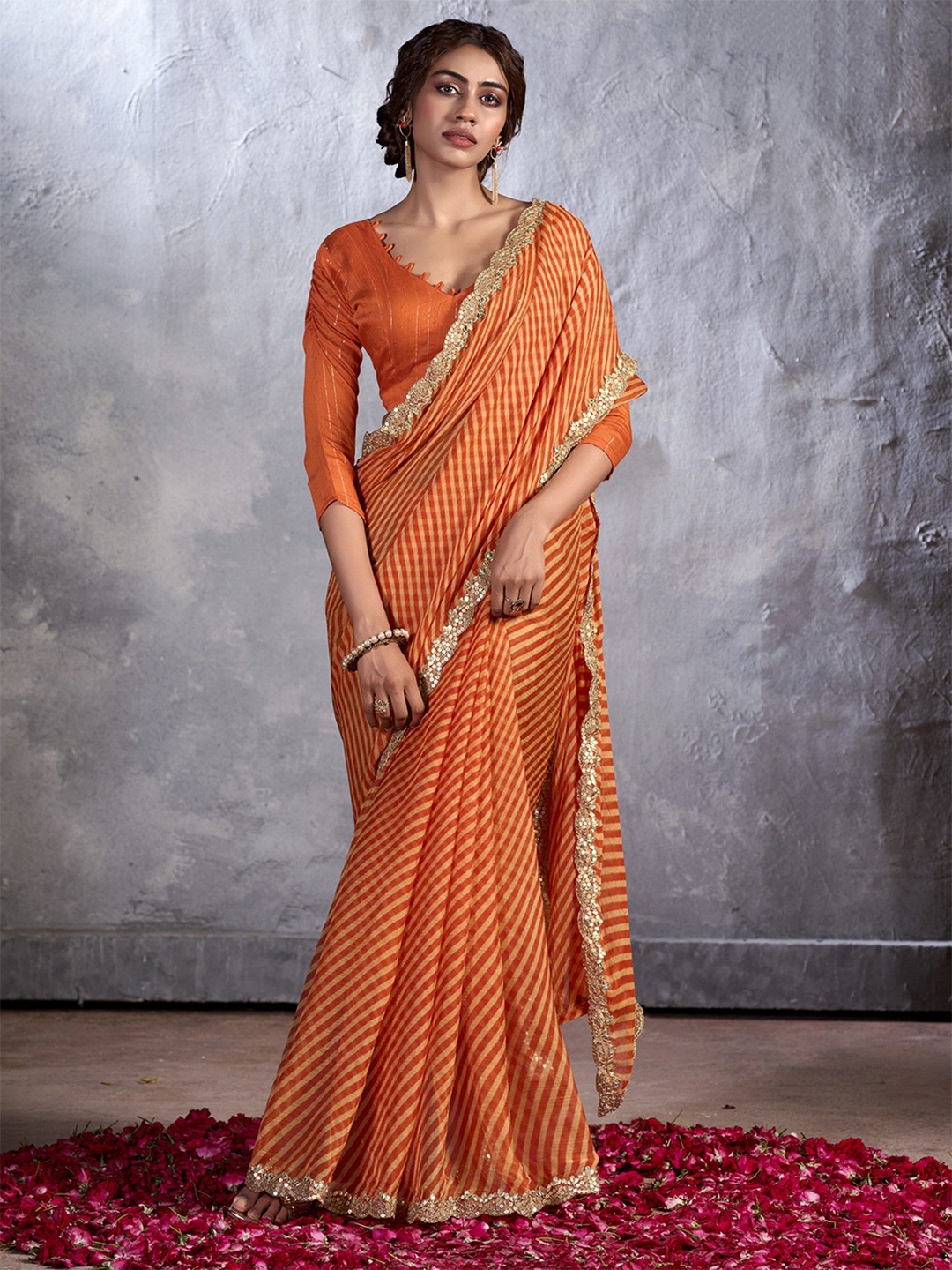 

KALINI Striped Sequinned Poly Chiffon Saree, Orange