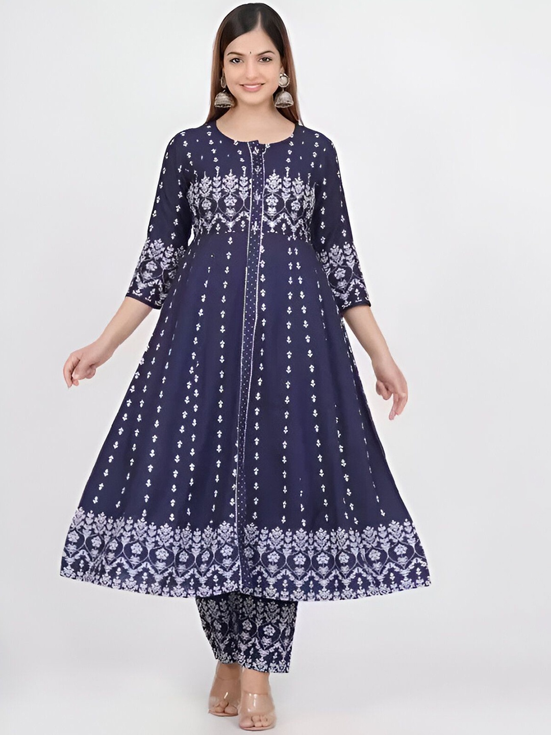 

Parth Fab Ethnic Motifs Printed Round Neck A-Line Kurta With Trousers, Blue