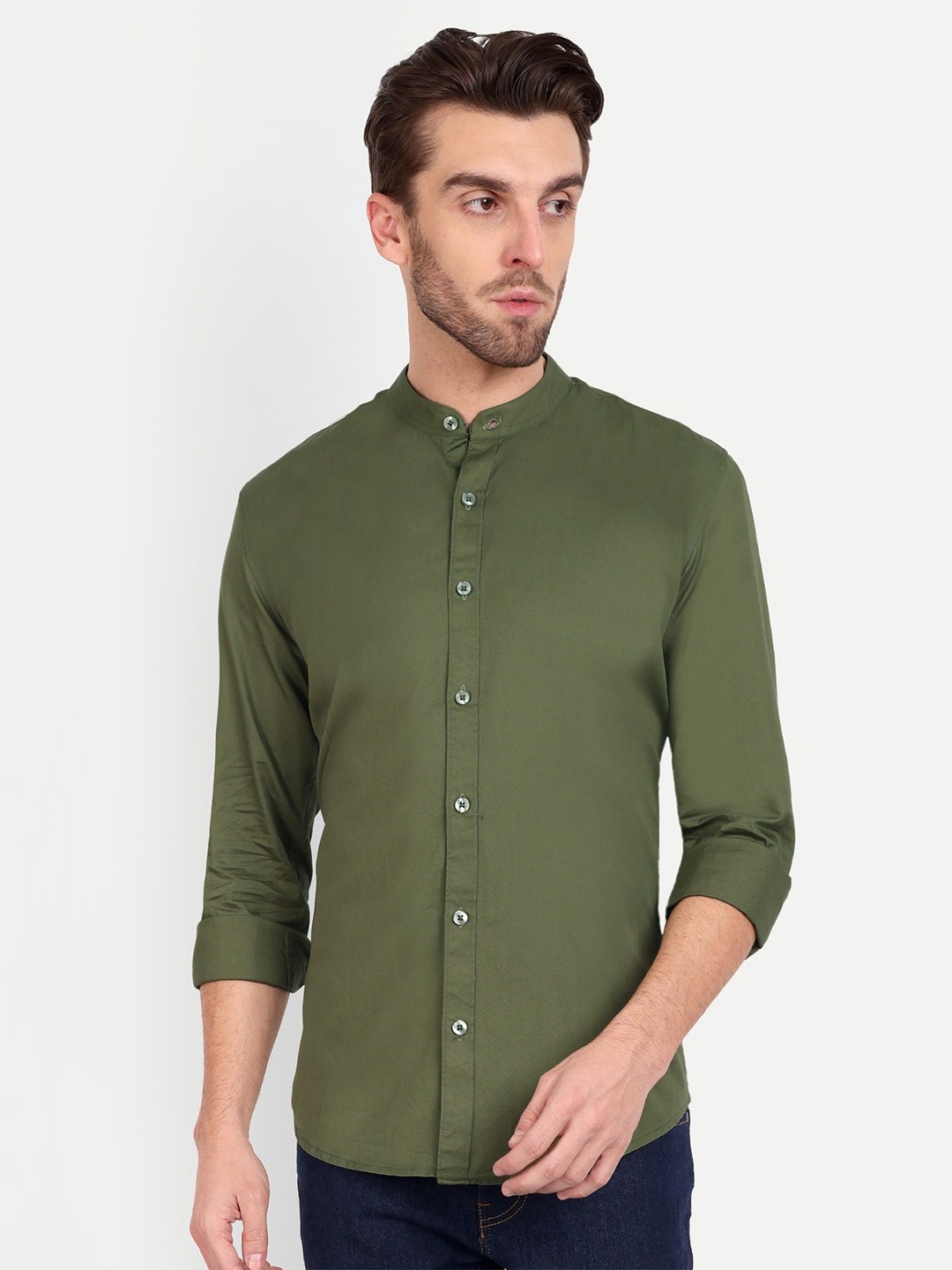 

MEGHZ Men Slim Fit Opaque Casual Shirt, Olive