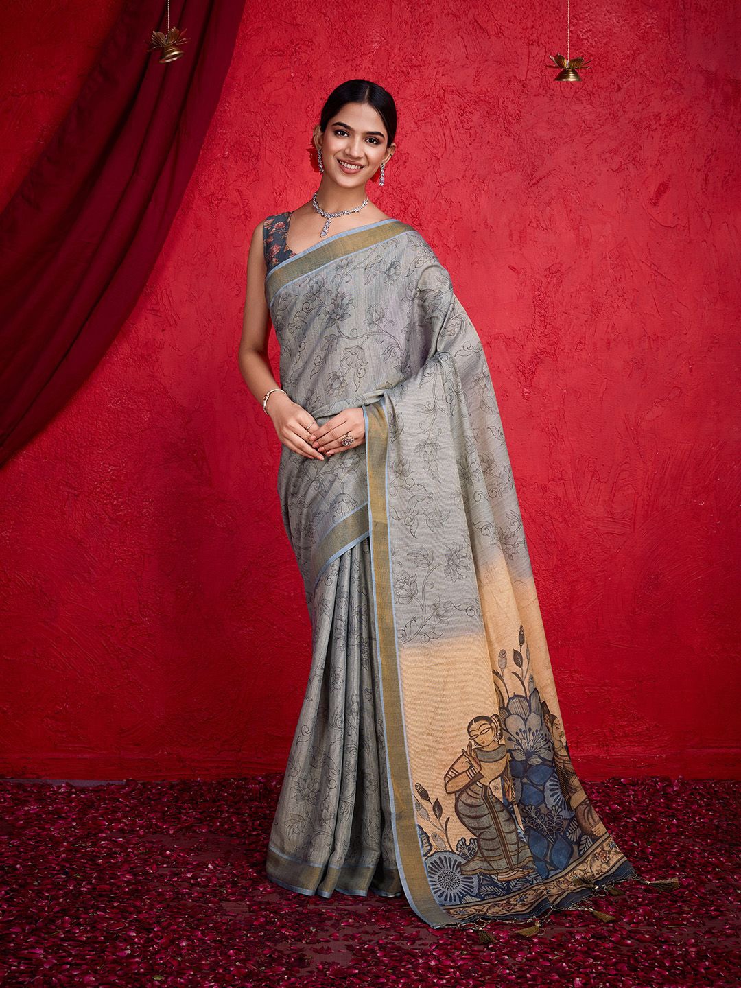 

Mitera Floral Zari Saree, Grey