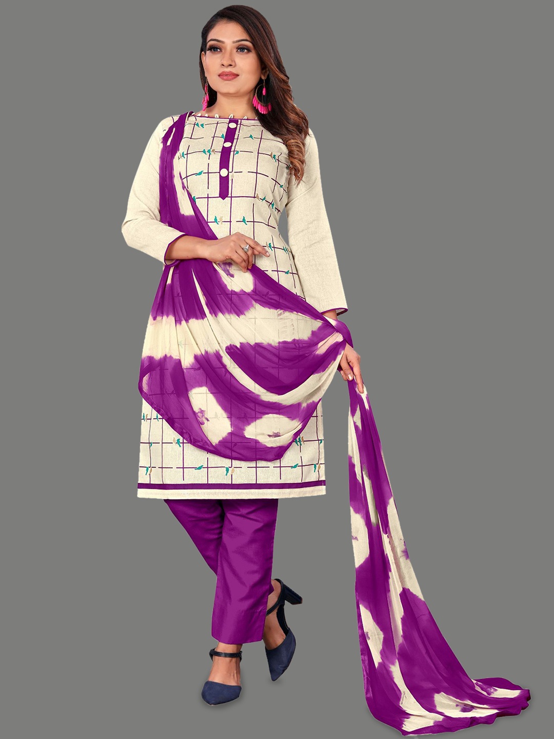 

Aika Checked Embroidered Pure Cotton Unstitched Dress Material, Purple