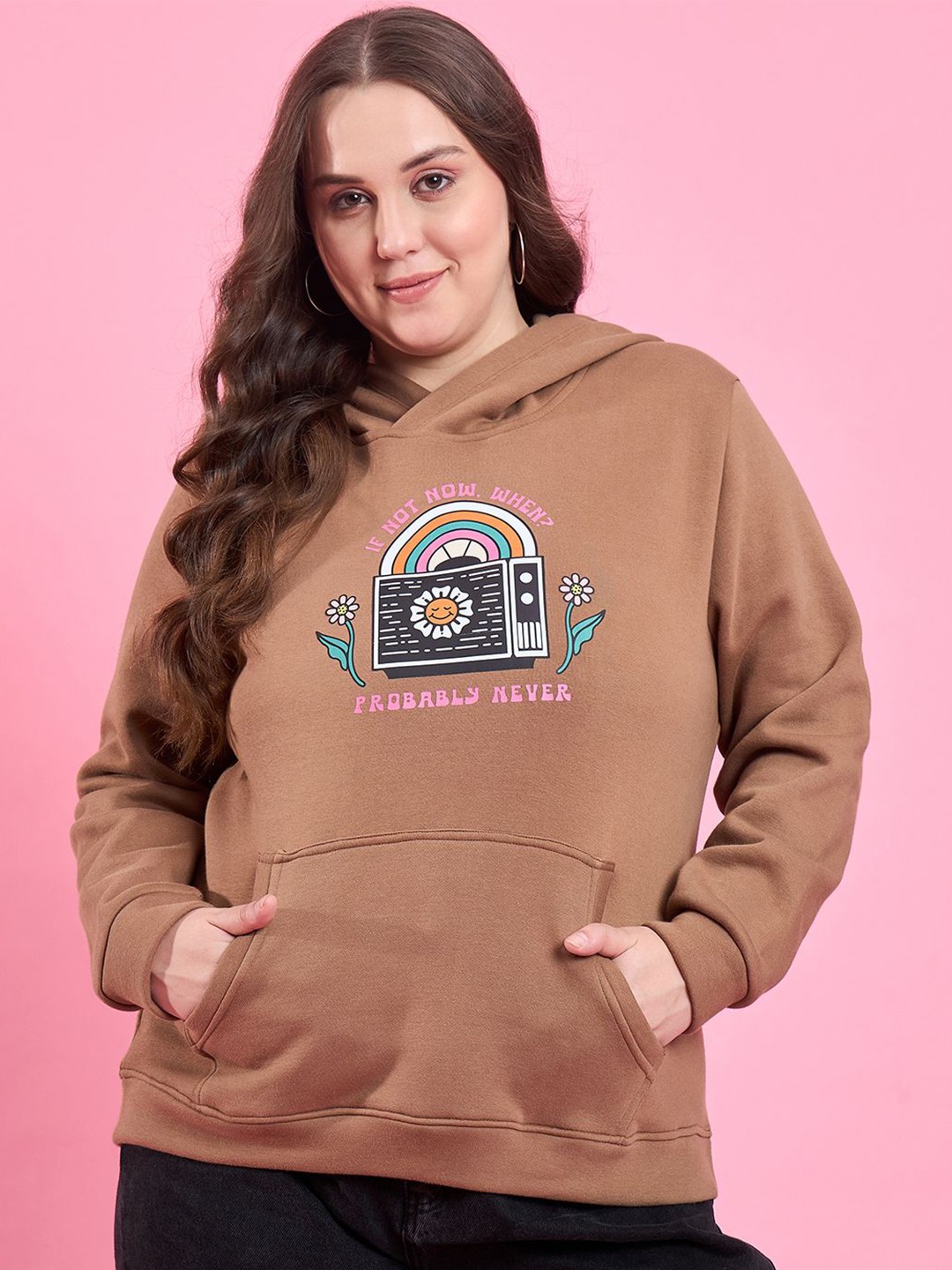 

AUSTIVO Women Printed Hooded Sweatshirt, Beige