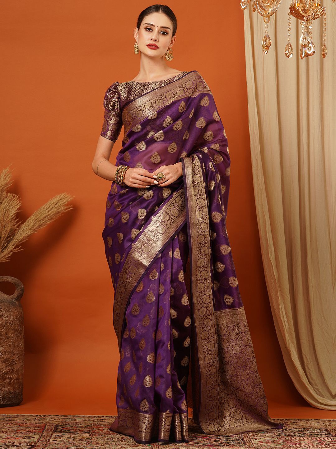 

KALINI Woven Design Zari Pure Silk Kanjeevaram Saree, Purple