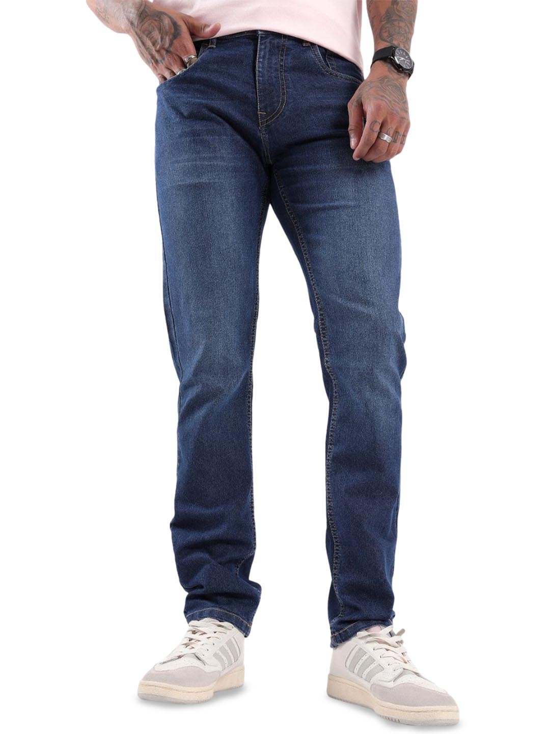 

WROGN Men Slim Fit Low Distress Light Fade Jeans, Blue
