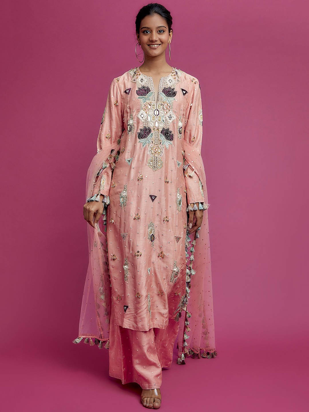 

Payal Singhal Embroidered Mirror Work Pure Silk Straight Kurta With Palazzos & Dupatta, Pink