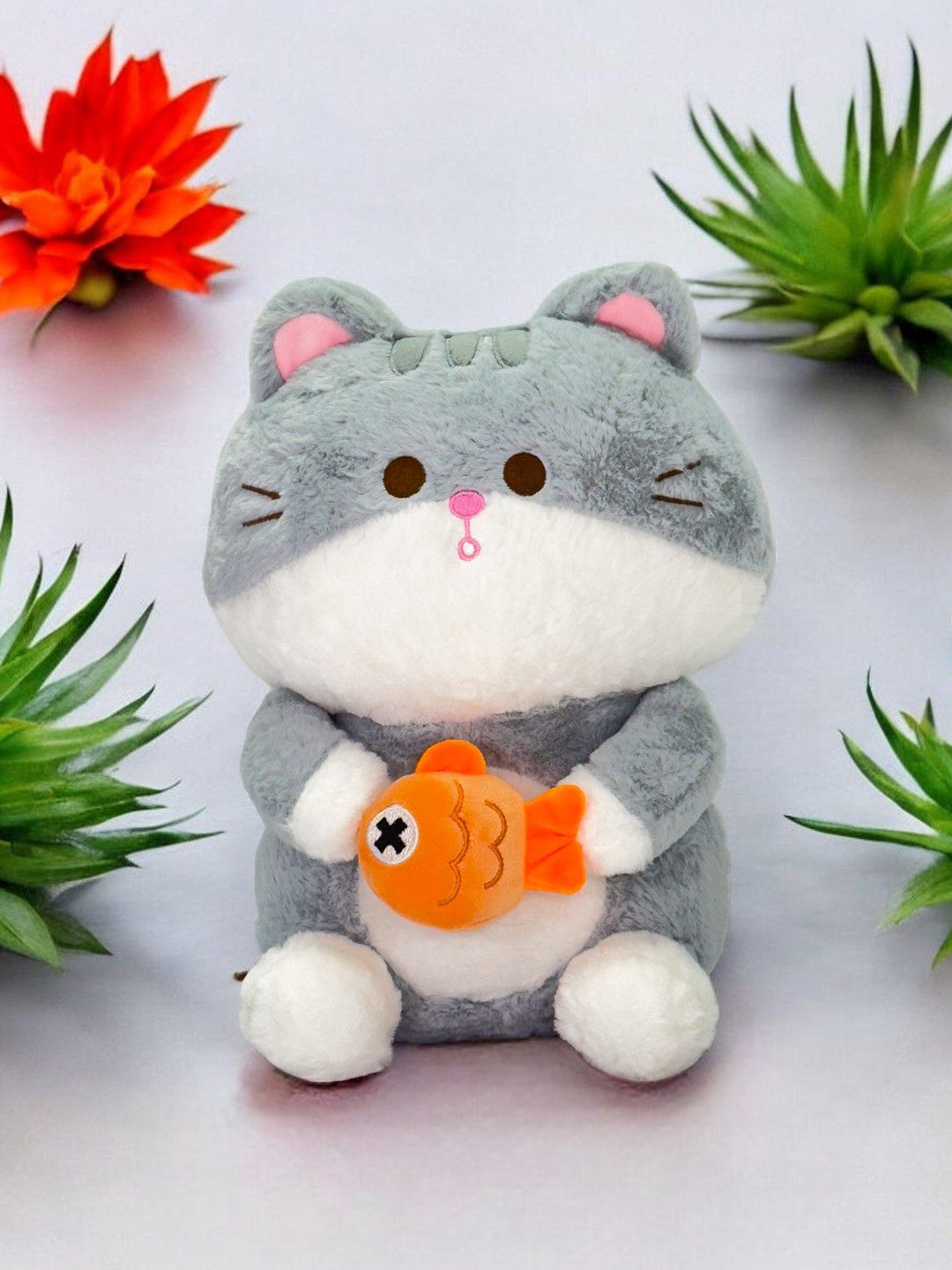

LITTLE GINNIE Kids Pure Cotton Soft & Cushy Cat With Fish Soft Toy, Grey