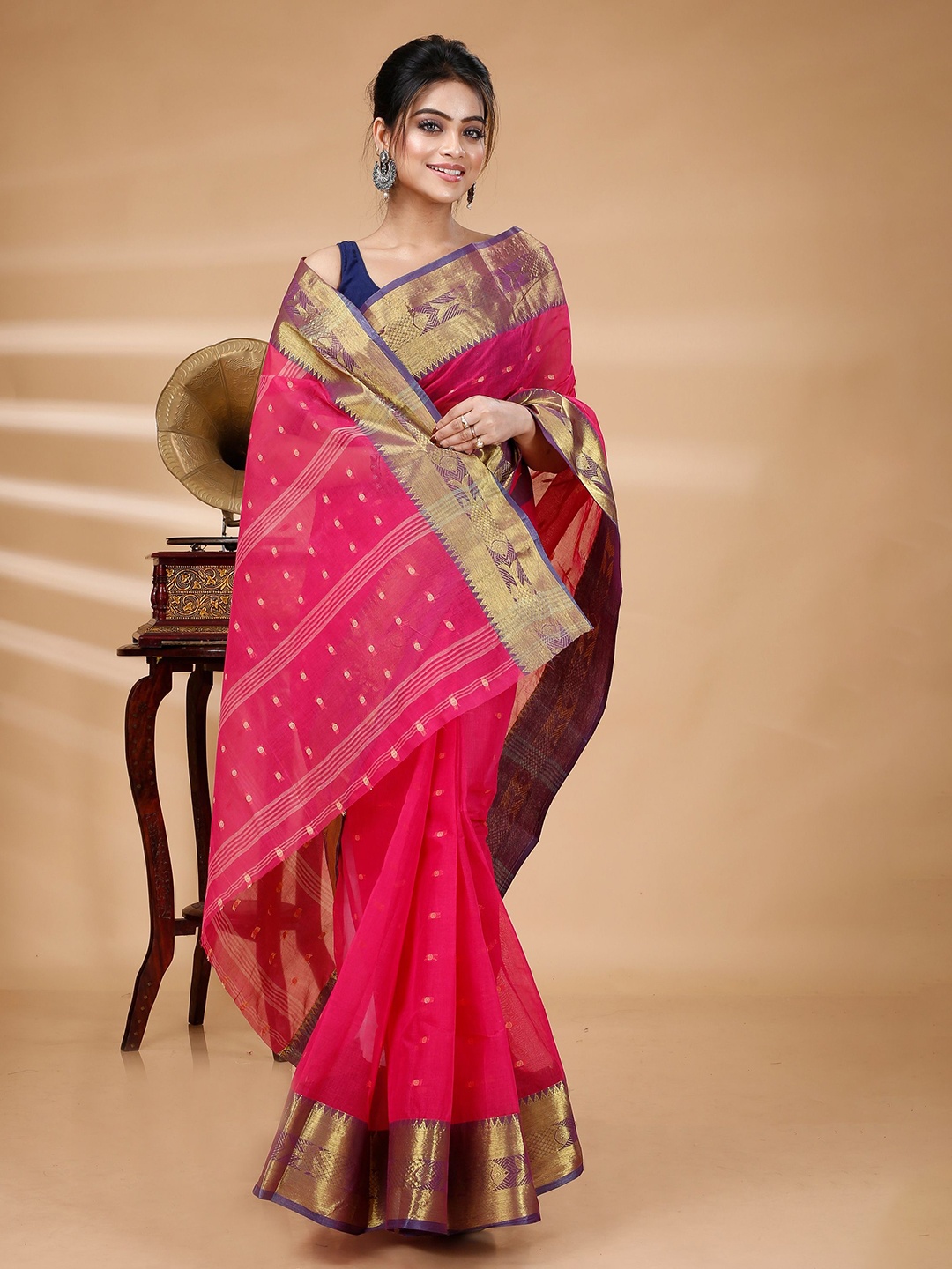 

PuJoy Woven Design Zari Pure Cotton Taant Saree, Pink