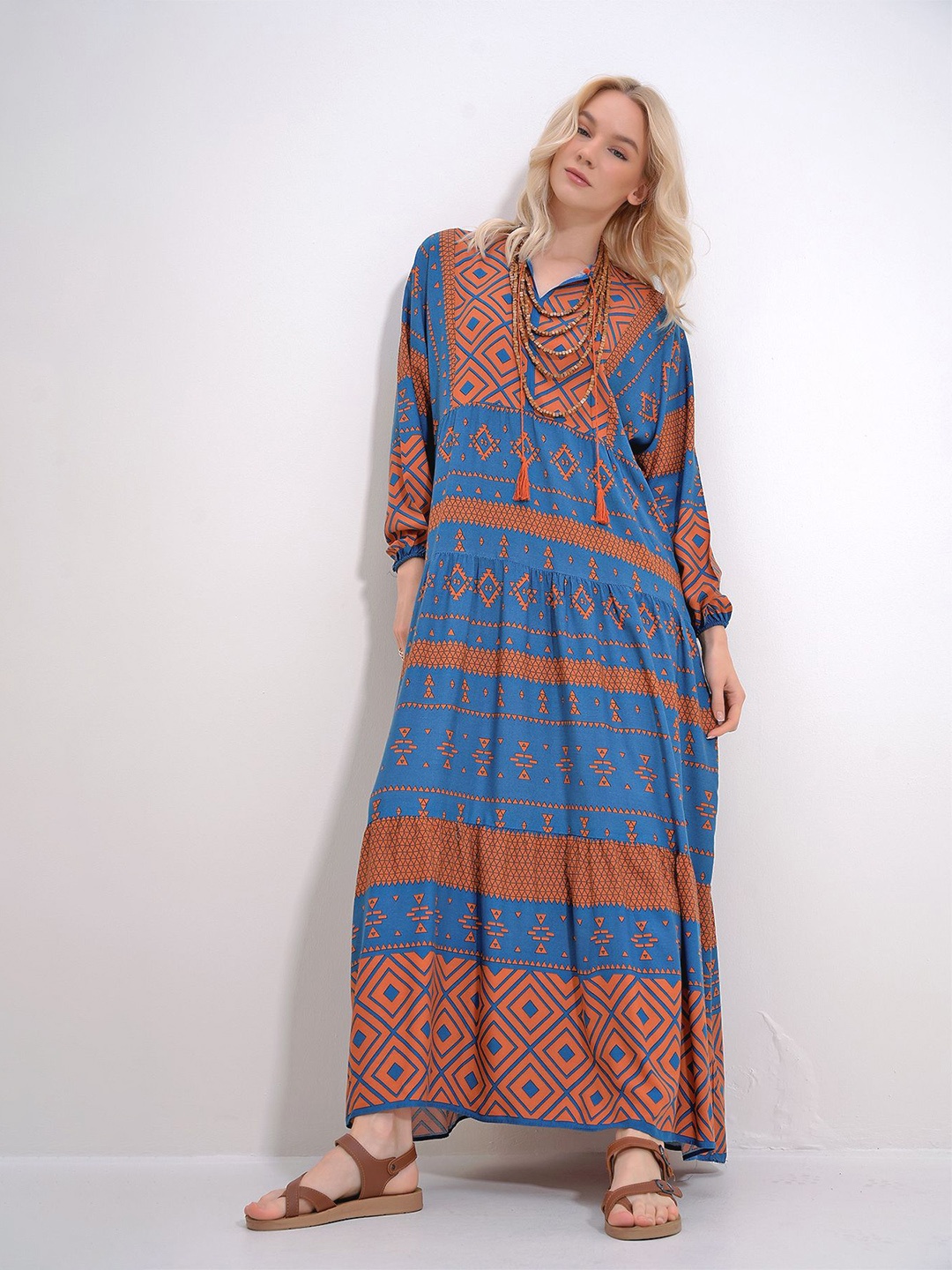 

Trend Alacati stili Ethnic Motifs Print Maxi Dress, Blue