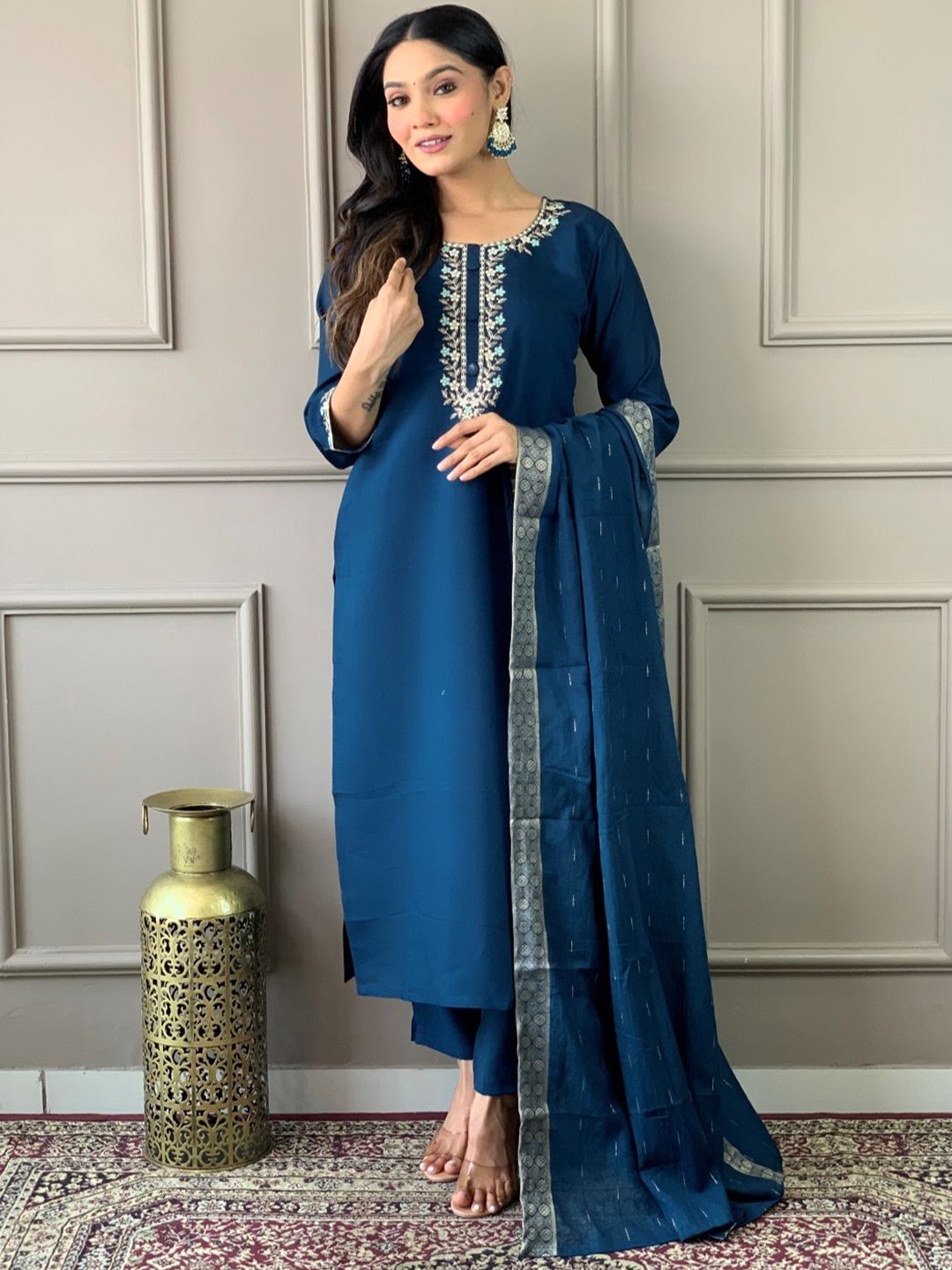 

KALINI Floral Embroidered Chanderi Silk Straight Kurta With Trouser & Dupatta, Blue