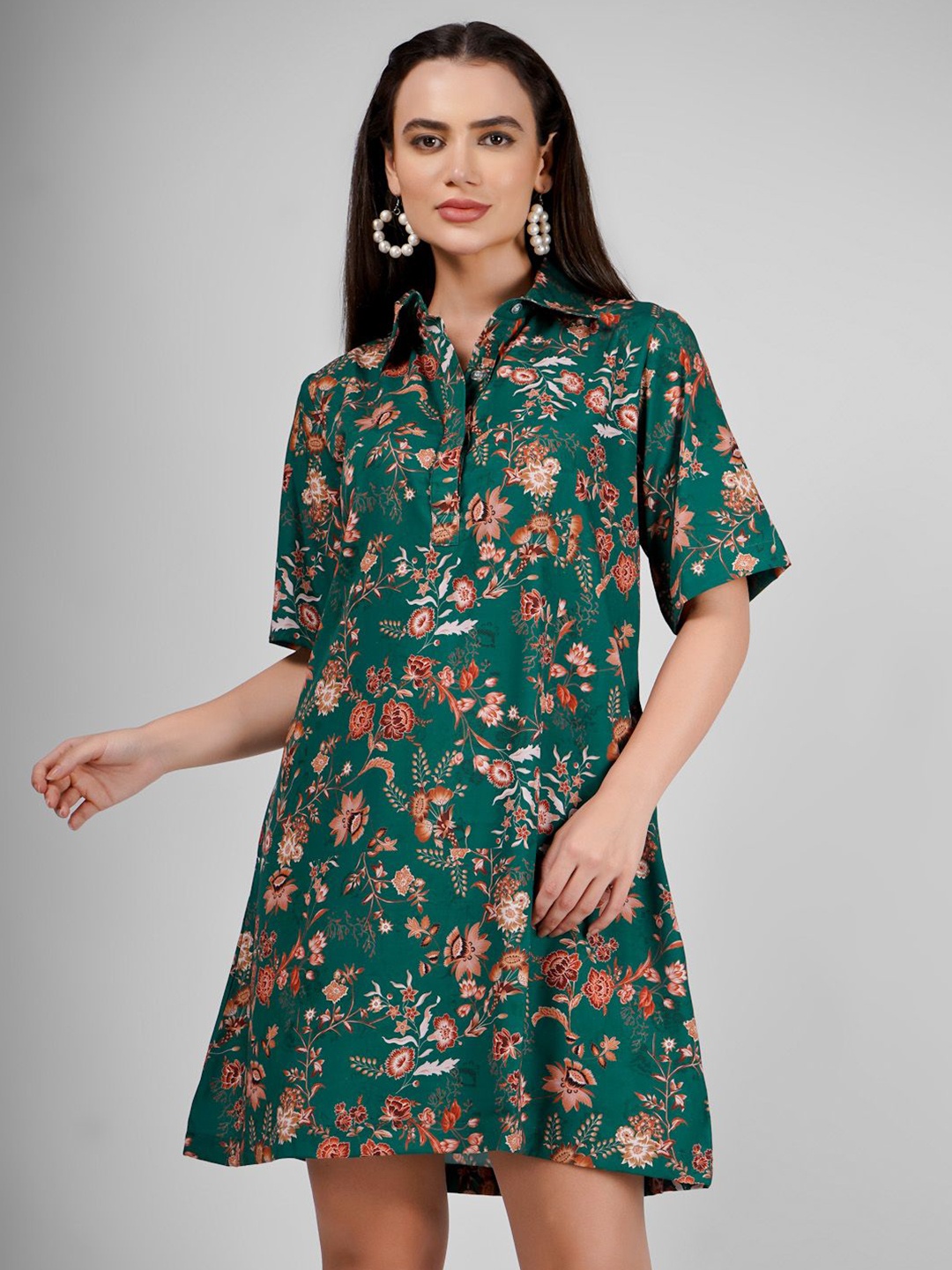 

Sukshat Floral Printed Shirt Collar A-Line Mini Dress, Green